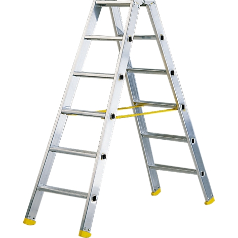 A silver ladder stands upright against a white background. Yellow feet and struts stabilize the ladder.
