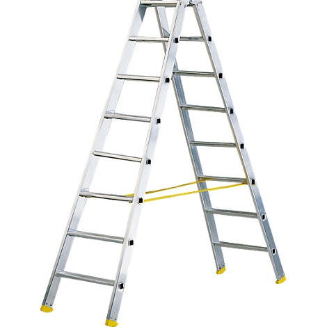A silver double ladder stands upright. Yellow rubber covers on the feet and a yellow band between the rungs.