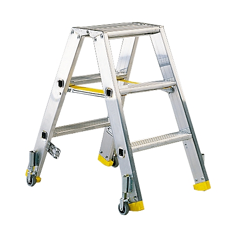 Metal step ladder with three steps, on wheels, and yellow accents on the feet.
