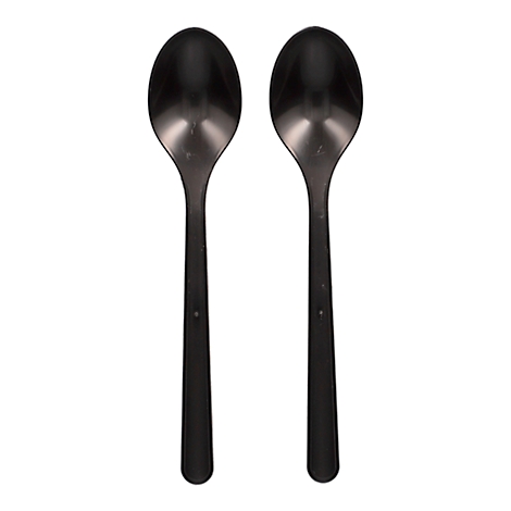 Zwei schwarze Löffel mit ovalen Köpfen, vor weißem Hintergrund.