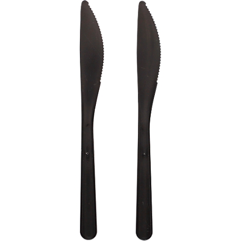 Zwei schwarze Messer mit gezahnten Klingen. Die Griffe sind länglich und schmal.