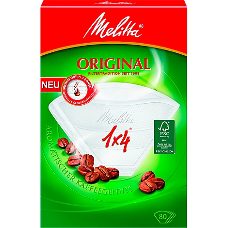 Melitta Original Filtertüten-Packung, rot-grün. Schriftzug "ORIGINAL", "1x4". Abbildung Kaffeebohnen.
