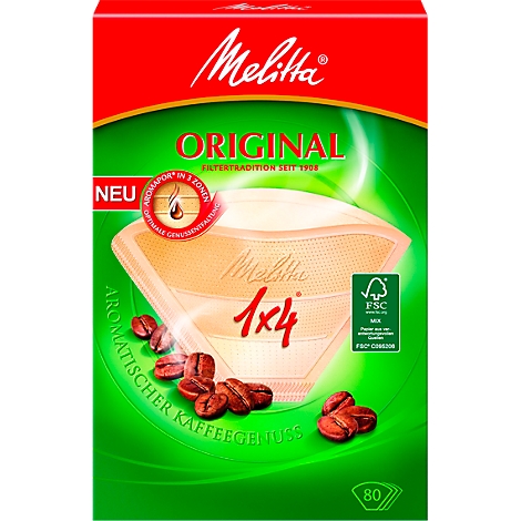 Verpakking Melitta koffiefilters. Rode achtergrond met "Melitta Original" belettering en koffiebonen. Filters 1x4 en FSC-zegel.
