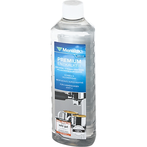 Clear bottle with white cap, the label reads "PREMIUM DESCALER". Below is an illustration of a coffee machine and a coffee cup.