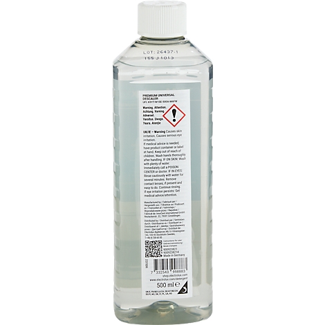 Un liquide transparent dans une bouteille. L'étiquette indique des avertissements et une quantité de remplissage de 500 ml.