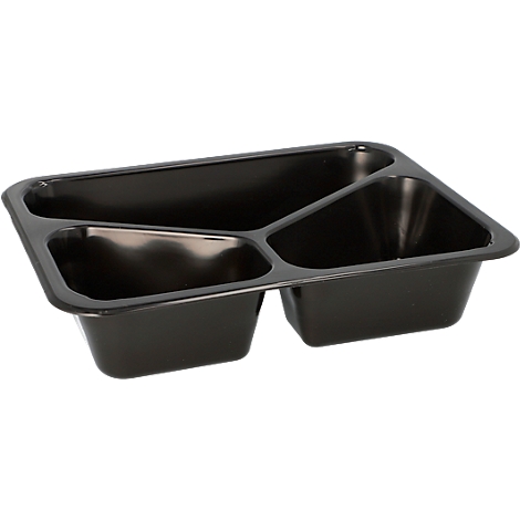 Schwarze, dreigeteilte Kunststoff-Essensschale, ideal für Mahlzeiten in Kantinen oder als Lunchbox.