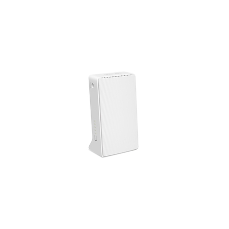 Weißer, rechteckiger Router mit geriffelter Vorderseite, seitlichen Anzeigen und Anschlüssen.