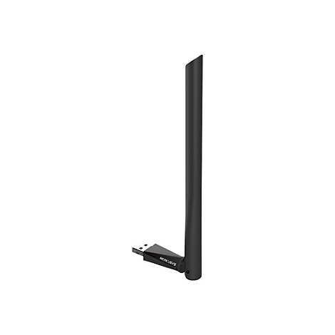 Schwarzer Mercusys WLAN-USB-Adapter mit ausklappbarer Antenne vor weißem Hintergrund.