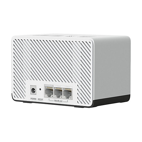 Weiße WLAN-Box mit Lüftungsschlitzen, Stromanschluss, Reset-Taste und drei Ethernet-Ports vor neutralem Hintergrund.