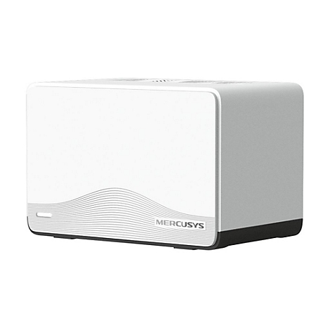 Weißer Mercusys WLAN-Router mit Wellenmuster-Design und schwarzem Sockel vor weißem Hintergrund.