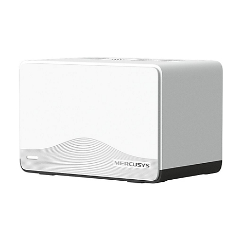 Weißer Mercusys WLAN-Router im kompakten Design mit geschwungenem Muster und schwarzem Boden auf weißem Grund.