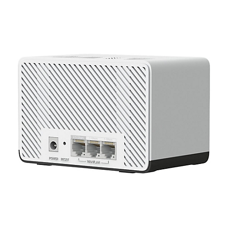Rückseite eines weißen WLAN-Routers mit Stromanschluss, Reset-Taste und drei Ethernet-Ports.