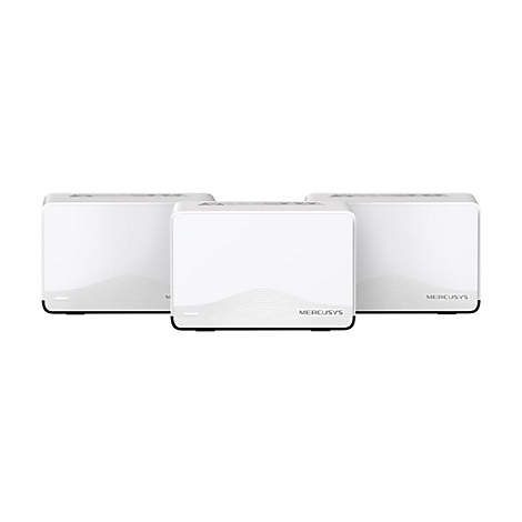 Drei weiße Mercusys WLAN-Mesh-Router in rechteckigem Design vor weißem Hintergrund.