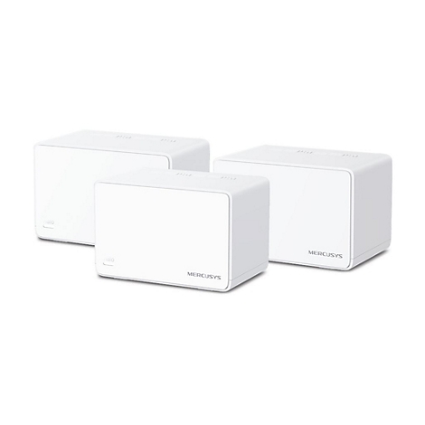 Drei weiße Mercusys Halo WLAN-Mesh-Router in rechteckigem Design vor weißem Hintergrund.