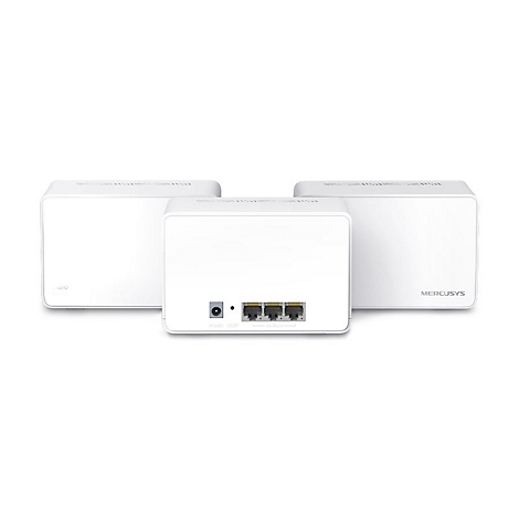 Drei weiße Mercusys WLAN-Mesh-Einheiten vor neutralem Hintergrund, eine zeigt die Anschlüsse.