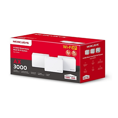 Produktverpackung für das Mercusys AX3000 Mesh Wi-Fi System, rot-weiß mit Abbildung von drei weißen Routern.