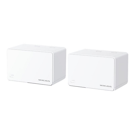 Zwei weiße, rechteckige Mercusys Halo Mesh-WLAN-Router vor neutralem Hintergrund.