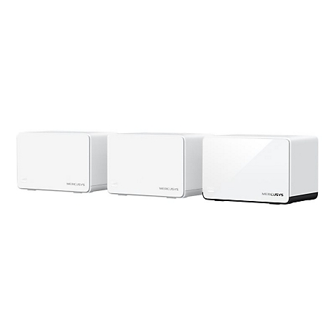 Drei weiße Mercusys Halo Mesh-WLAN-Router in einer Reihe vor weißem Hintergrund.