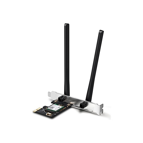 PCIe WLAN-Netzwerkkarte mit zwei schwarzen Antennen und silbernem Slot-Blech auf weißem Hintergrund.