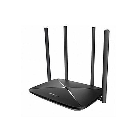 Schwarzer Mercusys WLAN-Router mit vier externen Antennen vor weißem Hintergrund.