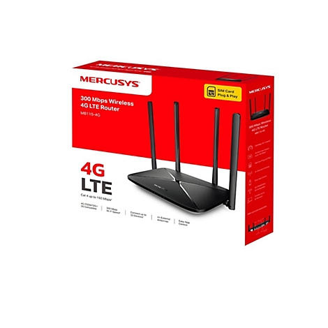 Schwarzer Mercusys 4G LTE Router in roter Verpackung mit vier Antennen und technischer Spezifikation.