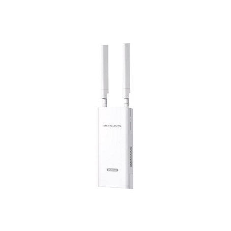 Weißer Mercusys Outdoor-Access-Point mit zwei vertikalen Antennen vor neutralem Hintergrund.