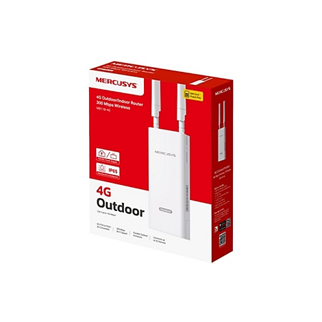 Produktverpackung eines weißen Mercusys 4G-Outdoor-Routers mit zwei Antennen auf rotem Hintergrund.