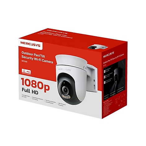Verpackung der weißen Mercusys MC500 Outdoor-Sicherheitskamera mit 1080p Auflösung und Schwenk-Neige-Funktion.