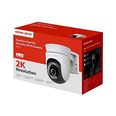 Produktverpackung der weißen Mercusys MC510 Outdoor-Sicherheitskamera mit 2K-Auflösung vor weißem Hintergrund.