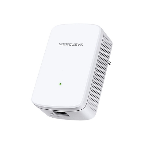 Weißer Mercusys WLAN-Repeater mit leuchtender LED vor weißem Hintergrund.