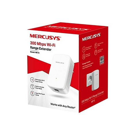 Verpackung des Mercusys ME10 300 Mbps Wi-Fi Range Extender in rot-weißem Design.
