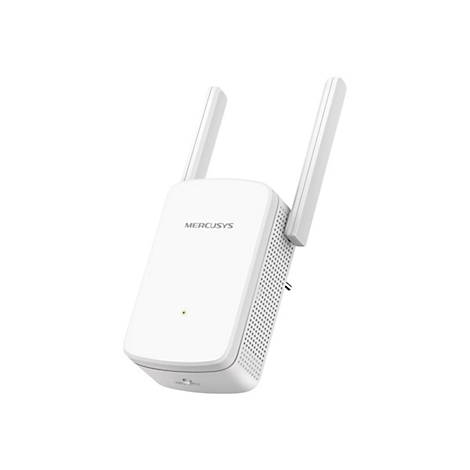 Weißer Mercusys WLAN-Repeater mit zwei Antennen vor weißem Hintergrund.