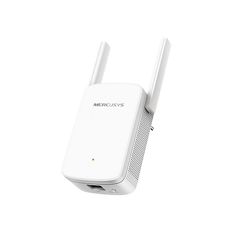 Weißer Mercusys WLAN-Repeater mit zwei ausklappbaren Antennen und einer kleinen grünen Statusleuchte.