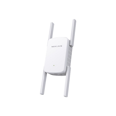 Weißer Mercusys WLAN-Verstärker mit vier ausklappbaren Antennen und leuchtender Status-LED vor weißem Hintergrund.