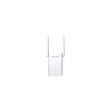 Weißer WLAN-Repeater mit zwei Antennen, grüner LED, Mercusys-Logo.