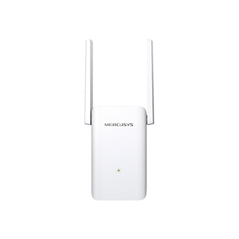 Weißer Mercusys WLAN-Repeater mit zwei Antennen, grünem LED-Licht. Das Logo ist deutlich zu erkennen.