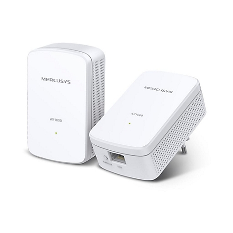 Zwei weiße Mercusys AV1000 Powerline-Adapter vor weißem Hintergrund.