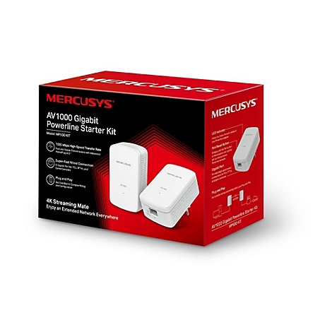 Produktverpackung für das Mercusys AV1000 Gigabit Powerline Starter Kit auf weißem Hintergrund.