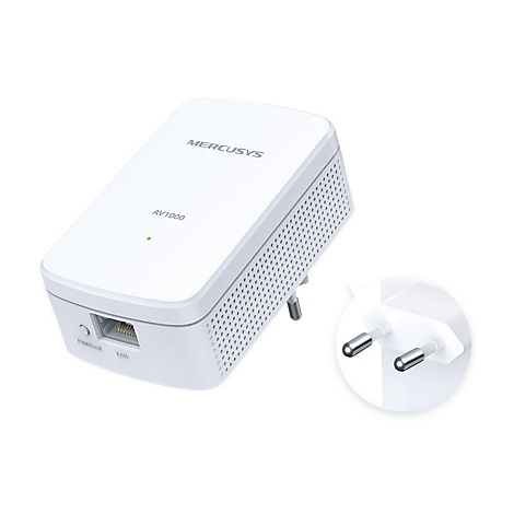Weißer Mercusys AV1000 Powerline-Adapter mit LAN-Anschluss und europäischem Netzstecker.