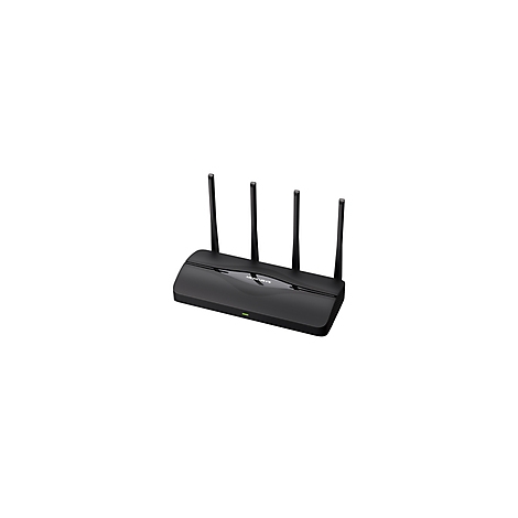 Schwarzer WLAN-Router mit vier Antennen, vor weißem Hintergrund.