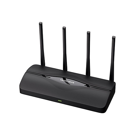 Schwarzer Mercusys WLAN-Router mit vier Antennen vor weißem Hintergrund.