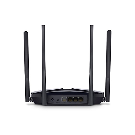 Routeur noir avec quatre antennes. Des connecteurs et des étiquettes sont visibles à l'arrière.