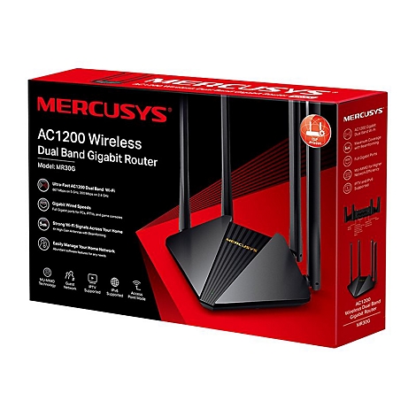 Verpackung des Mercusys AC1200 Wireless Dual Band Gigabit Routers MR30G mit Produktbild und technischen Daten.
