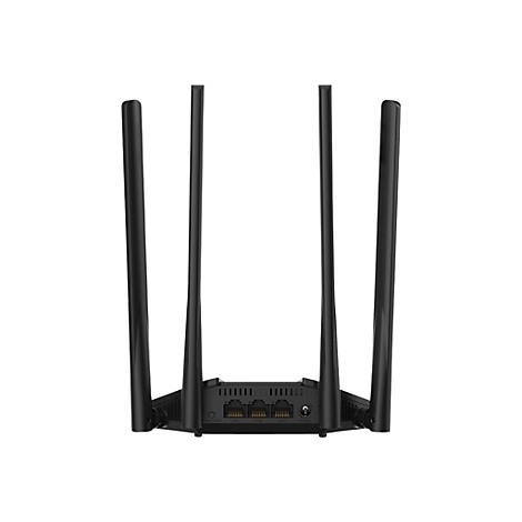 Rückseite eines schwarzen WLAN-Routers mit vier Antennen und drei LAN-WAN-Anschlüssen.