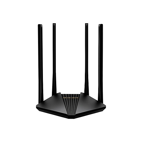 Schwarzer Mercusys WLAN-Router mit vier vertikalen Antennen vor weißem Hintergrund.
