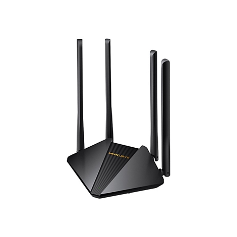 Schwarzer Mercusys WLAN-Router mit vier stehenden Antennen auf weißem Hintergrund.