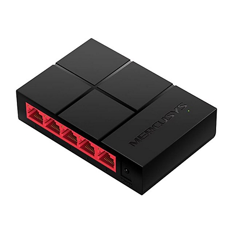 Schwarzer Mercusys Netzwerkswitch mit fünf roten LAN-Ports und einem Power-Anschluss auf weißem Grund.