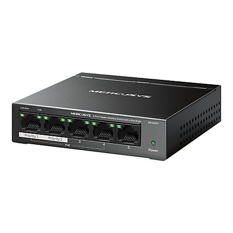 Schwarzer 5-Port Gigabit Desktop-Switch von Mercusys mit PoE+-Unterstützung auf weißem Hintergrund.