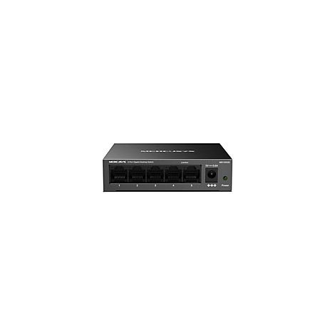 Schwarzer Netzwerk-Switch mit 5 Anschlüssen, Beschriftung und grüner Power-LED.