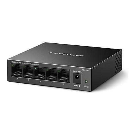 Schwarzer Mercusys 5-Port Gigabit Desktop Switch mit fünf LAN-Anschlüssen und einer grünen Power-LED.